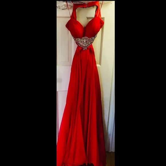 silver and red gown